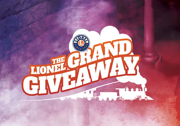 The Lionel Grand Giveaway logo against a steam locomotive background