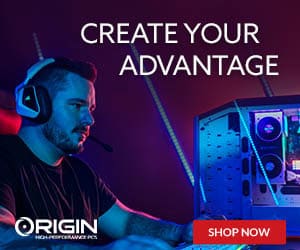 A gamer sitting behind a gaming PC with the headline "Create Your advantage". The Origin PC logo is featured and the words "shop now"